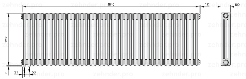 Схема (чертеж) Радиатор Zehnder Charleston 3120/40 №3370 Белый глянцевый RAL 9016